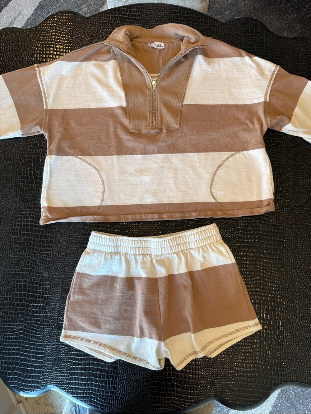 Women’s Striped Two-Piece Cream and Tan Set.